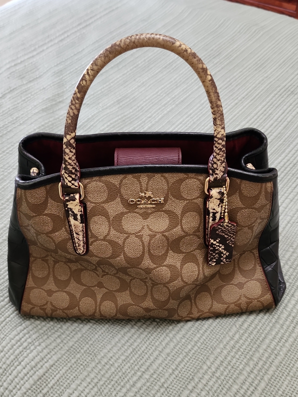 Coach Tan Signature Canvas Satchel with Snakeskin-Accent Handles